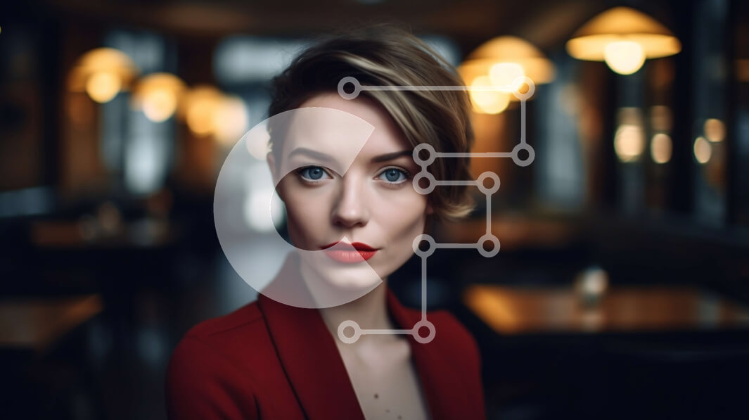 Intra Συλλεκτικό Ξύλινο Παζλ Plywood  4mm - Σοβαρή γυναίκα με κόκκινο σακάκι που κοιτάζει την κάμερα σε αμυδρά φωτισμένο δωμάτιο Σε Ξύλινο Κουτί - Διαστάσεις Puzzle: 10x10 cm – 25 κομμάτια