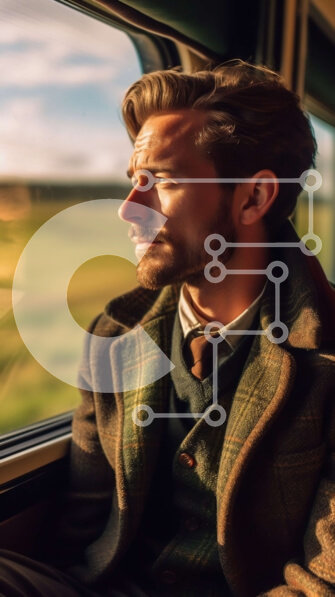 Intra Συλλεκτικό Ξύλινο Παζλ Plywood  4mm - Άνδρας με κοστούμι που κοιτάζει έξω το παράθυρο τρένου - Φωτογραφία Αρχείου Σε Ξύλινο Κουτί - Διαστάσεις Puzzle: 10x10 cm – 25 κομμάτια