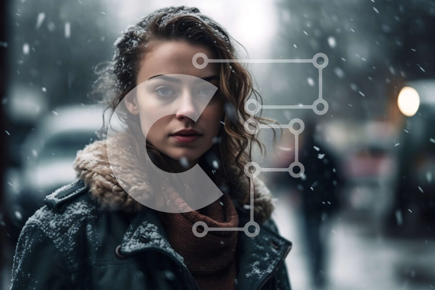 Intra Συλλεκτικό Ξύλινο Παζλ Plywood  4mm - Δραματική φωτογραφία μιας συλλογισμένης γυναίκας με μαύρο δερμάτινο μπουφάν σε έναν χιονισμένο δρόμο Σε Ξύλινο Κουτί - Διαστάσεις Puzzle: 10x10 cm – 25 κομμάτια