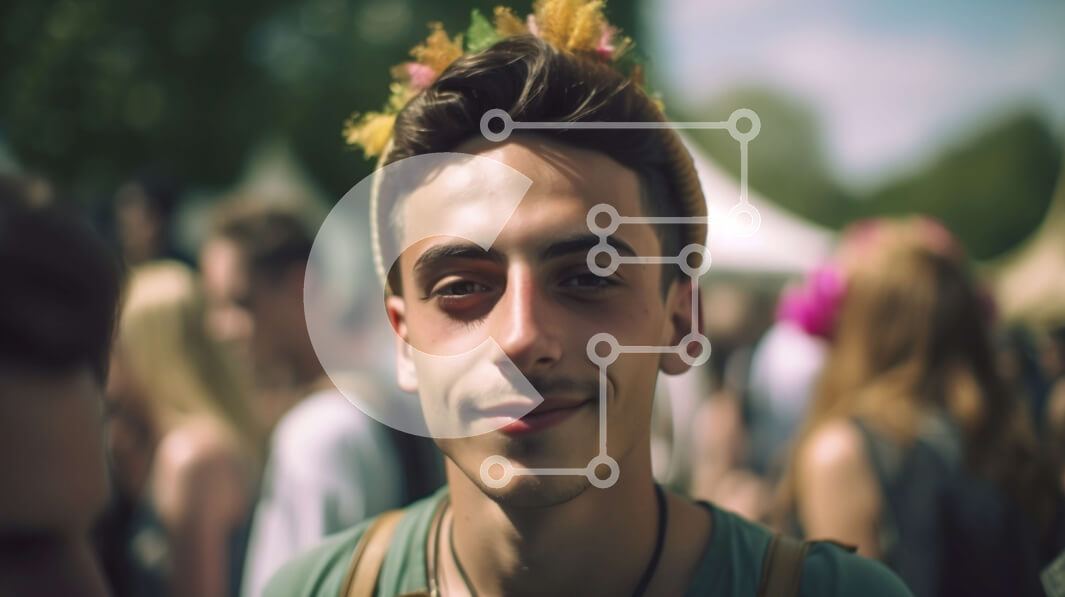 Intra Συλλεκτικό Ξύλινο Παζλ Plywood  4mm - Ευτυχισμένος νεαρός άνδρας με στέμμα λουλουδιών που απολαμβάνει το μουσικό φεστιβάλ Σε Ξύλινο Κουτί - Διαστάσεις Puzzle: 10x10 cm – 25 κομμάτια