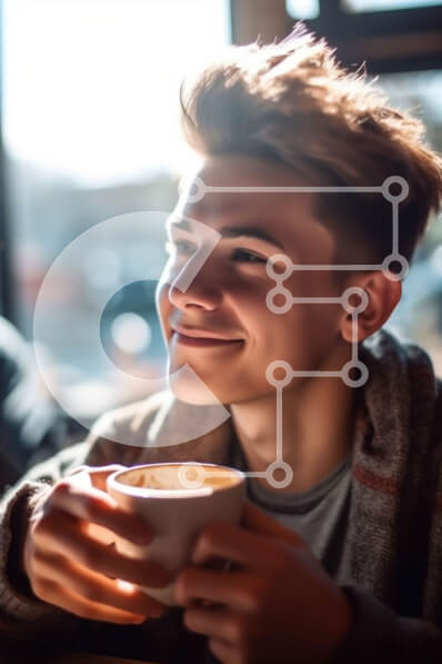 Intra Συλλεκτικό Ξύλινο Παζλ Plywood  4mm - Νεαρός άνδρας που χαμογελά πίνοντας καφέ σε μια ζεστή καφετέρια Σε Ξύλινο Κουτί - Διαστάσεις Puzzle: 10x10 cm – 25 κομμάτια