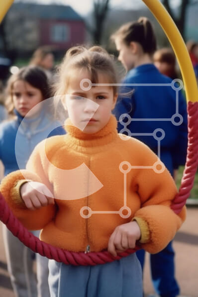 Intra Συλλεκτικό Ξύλινο Παζλ Plywood  4mm - Παιδιά που παίζουν σε μια παιδική χαρά με ένα κορίτσι Hula Hooping με ένα πορτοκαλί μπουφάν Σε Ξύλινο Κουτί - Διαστάσεις Puzzle: 10x10 cm – 25 κομμάτια