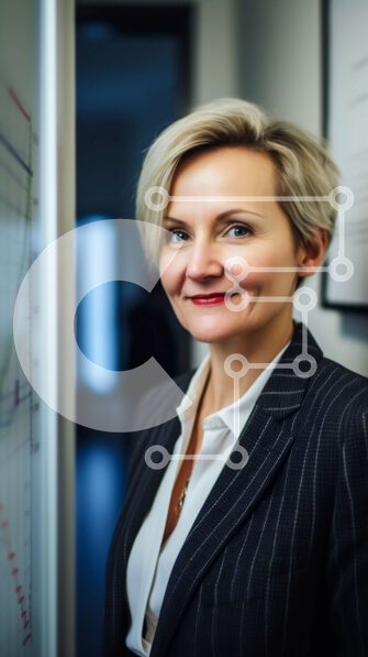 Intra Συλλεκτικό Ξύλινο Παζλ Plywood  4mm - Χαμογελαστή γυναίκα με επαγγελματικό κοστούμι που ποζάρει μπροστά από τον πίνακα με το γράφημα Σε Ξύλινο Κουτί - Διαστάσεις Puzzle: 10x10 cm – 25 κομμάτια