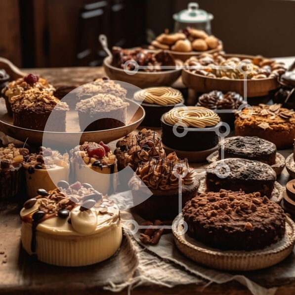 Σετ των 2 Intra Συλλεκτικό Ξύλινο Παζλ Plywood  4mm - Ποικιλία από νόστιμα επιδόρπια σε ένα τραπέζι Σε Ξύλινο Κουτί - Διαστάσεις: 10x10 cm – 25 κομμάτια