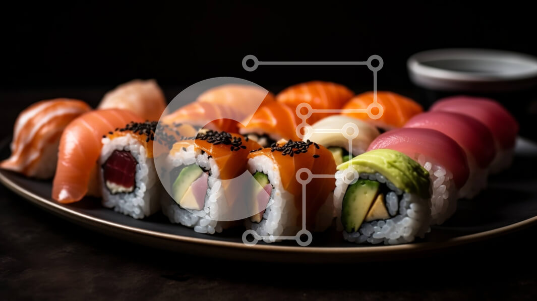 Σετ των 2 Intra Συλλεκτικό Ξύλινο Παζλ Plywood  4mm - Νόστιμη εικόνα από πιατέλα σούσι με φρέσκα ψάρια και λαχανικά Σε Ξύλινο Κουτί - Διαστάσεις: 10x10 cm – 25 κομμάτια