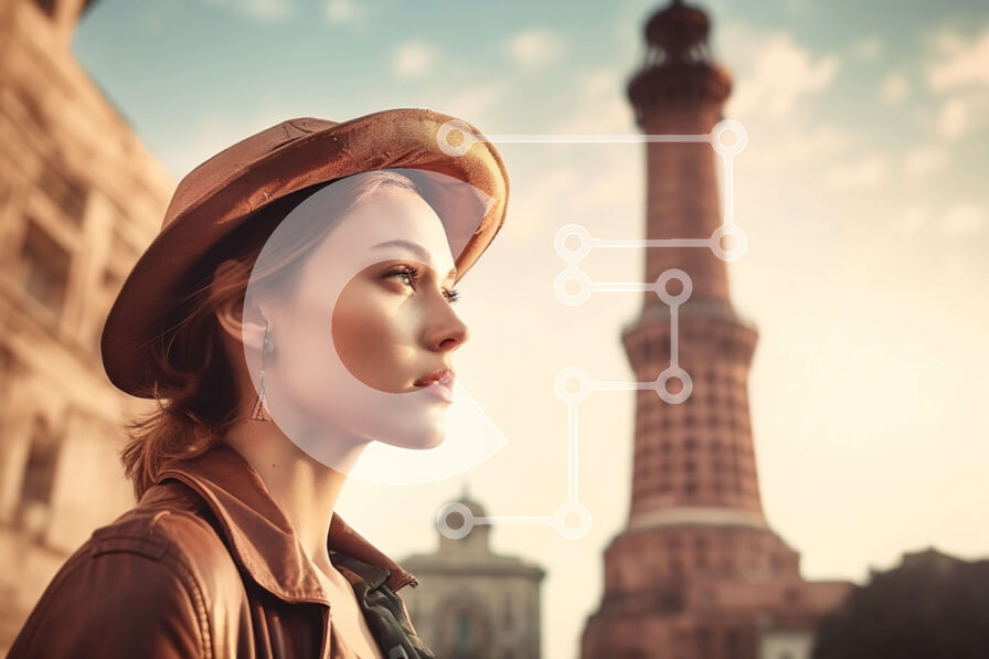 Intra Συλλεκτικό Ξύλινο Παζλ Plywood  4mm - Κομψή γυναίκα μπροστά από τον πύργο του ρολογιού Σε Ξύλινο Κουτί - Διαστάσεις Puzzle: 10x10 cm – 25 κομμάτια