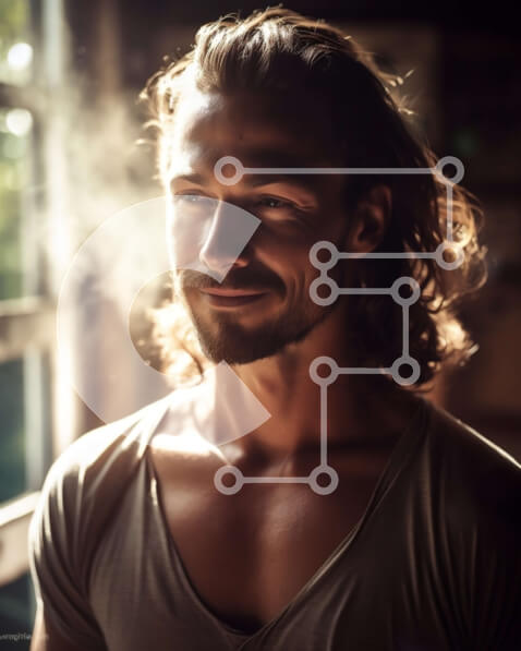 Intra Συλλεκτικό Ξύλινο Παζλ Plywood  4mm - Σοβαρός άνδρας με μακριά μαλλιά και γένια στέκεται μπροστά από το ηλιόλουστο παράθυρο Σε Ξύλινο Κουτί - Διαστάσεις Puzzle: 10x10 cm – 25 κομμάτια