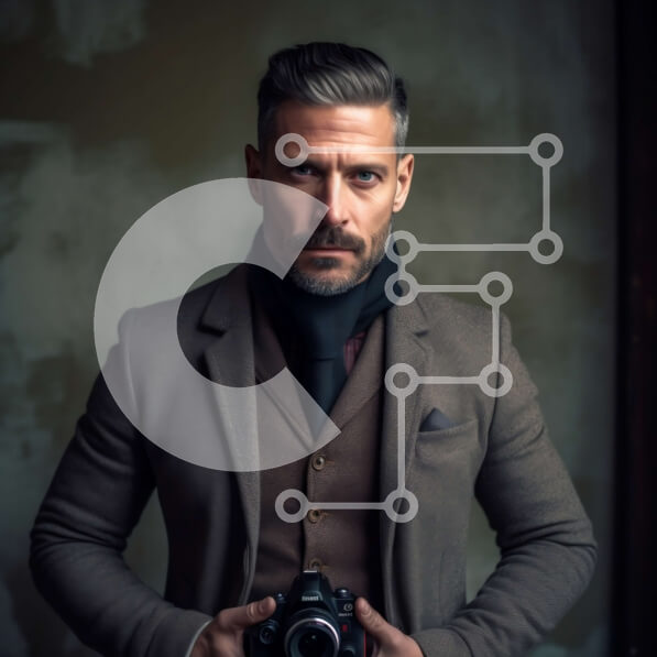 Intra Συλλεκτικό Ξύλινο Παζλ Plywood  4mm - Σοβαρός άνδρας με καφέ παλτό που κρατά την κάμερα Σε Ξύλινο Κουτί - Διαστάσεις Puzzle: 10x10 cm – 25 κομμάτια