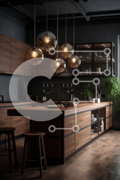 Intra Συλλεκτικό Ξύλινο Παζλ Plywood  4mm - Κομψή σκοτεινή κουζίνα με Ξύλινο νησί και συσκευές από ανοξείδωτο χάλυβα Σε Ξύλινο Κουτί - Διαστάσεις Puzzle: 10x10 cm – 25 κομμάτια