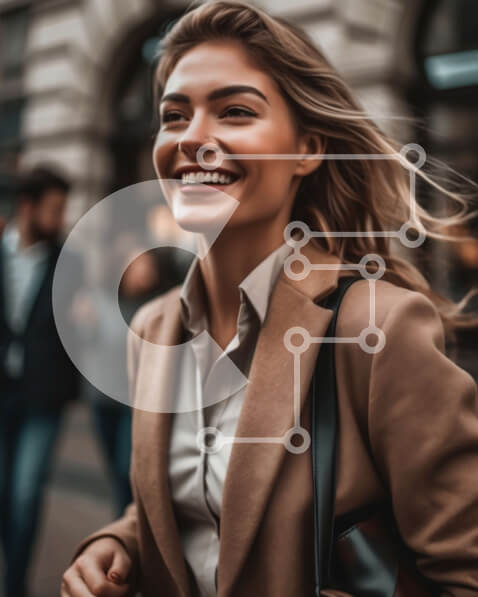 Intra Συλλεκτικό Ξύλινο Παζλ Plywood  4mm - Ευτυχισμένη γυναίκα που περπατά σε έναν πολυσύχναστο δρόμο της πόλης Σε Ξύλινο Κουτί - Διαστάσεις Puzzle: 10x10 cm – 25 κομμάτια