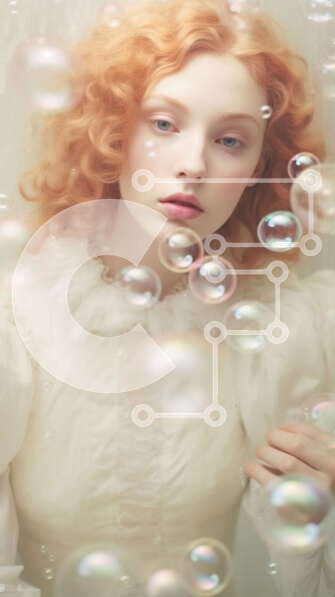 Intra Συλλεκτικό Ξύλινο Παζλ Plywood  4mm - Ονειρική εικόνα μιας γυναίκας με λευκό φόρεμα με κόκκινα μαλλιά που περιβάλλεται από φυσαλίδες Σε Ξύλινο Κουτί - Διαστάσεις Puzzle: 10x10 cm – 25 κομμάτια