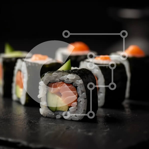 Σετ των 2 Intra Συλλεκτικό Ξύλινο Παζλ Plywood  4mm - Νόστιμο πιάτο σούσι με φρέσκο ​​σολομό και αβοκάντο σε σκούρο φόντο Σε Ξύλινο Κουτί - Διαστάσεις: 10x10 cm – 25 κομμάτια