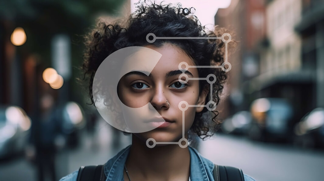 Intra Συλλεκτικό Ξύλινο Παζλ Plywood  4mm - Νεαρή γυναίκα με σγουρά μαλλιά και τζιν μπουφάν που φαίνεται σοβαρή στο City Street Σε Ξύλινο Κουτί - Διαστάσεις Puzzle: 10x10 cm – 25 κομμάτια