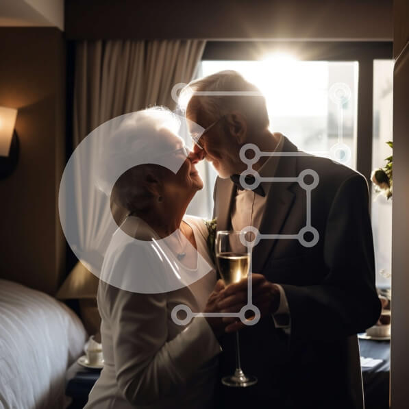 Intra Συλλεκτικό Ξύλινο Παζλ Plywood  4mm - Ευτυχισμένο ηλικιωμένο ζευγάρι που απολαμβάνει κρασί στο δωμάτιο του ξενοδοχείου Σε Ξύλινο Κουτί - Διαστάσεις Puzzle: 10x10 cm – 25 κομμάτια