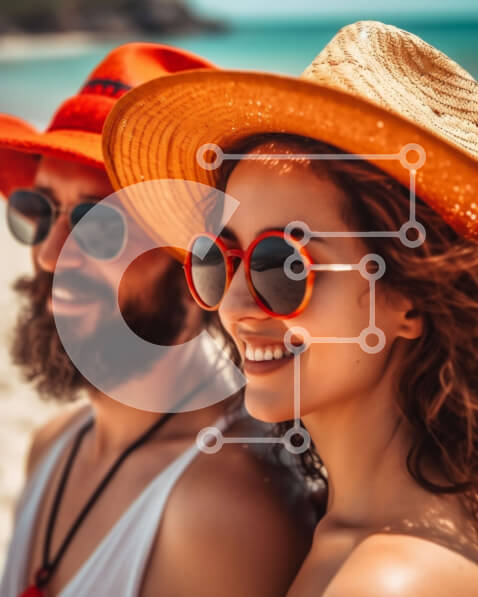 Intra Συλλεκτικό Ξύλινο Παζλ Plywood  4mm - Κομψό ζευγάρι στην παραλία με γυαλιά ηλίου και καπέλα Σε Ξύλινο Κουτί - Διαστάσεις Puzzle: 10x10 cm – 25 κομμάτια