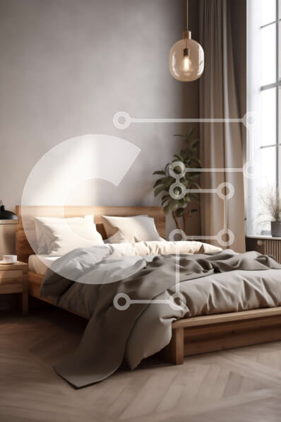 Intra Συλλεκτικό Ξύλινο Παζλ Plywood  4mm - Ευρύχωρο και καλά φωτισμένο μοντέρνο υπνοδωμάτιο με ξύλινο κρεβάτι και γκρι τοίχους Σε Ξύλινο Κουτί - Διαστάσεις Puzzle: 10x10 cm – 25 κομμάτια