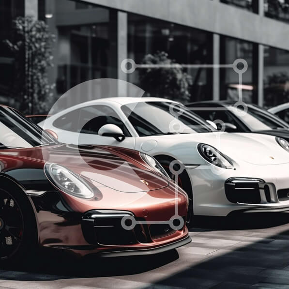 Intra Συλλεκτικό Ξύλινο Παζλ Plywood  4mm - Αθλητικά αυτοκίνητα της Porsche παρκαρισμένα έξω από το σύγχρονο κτήριο Σε Ξύλινο Κουτί - Διαστάσεις Puzzle: 10x10 cm – 25 κομμάτια