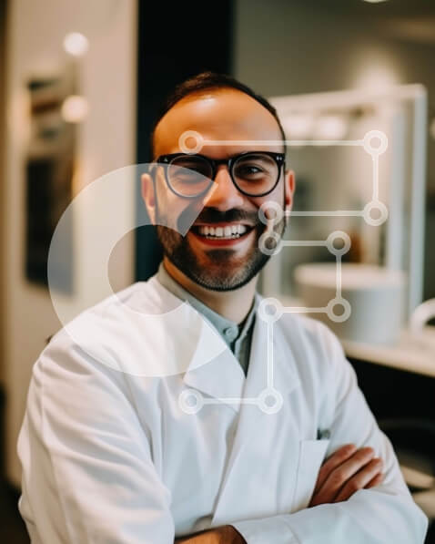 Intra Συλλεκτικό Ξύλινο Παζλ Plywood  4mm - Φιλικός οδοντίατρος με λευκό παλτό που περιβάλλεται από οδοντιατρικά εργαλεία και εξοπλισμό Σε Ξύλινο Κουτί - Διαστάσεις Puzzle: 10x10 cm – 25 κομμάτια