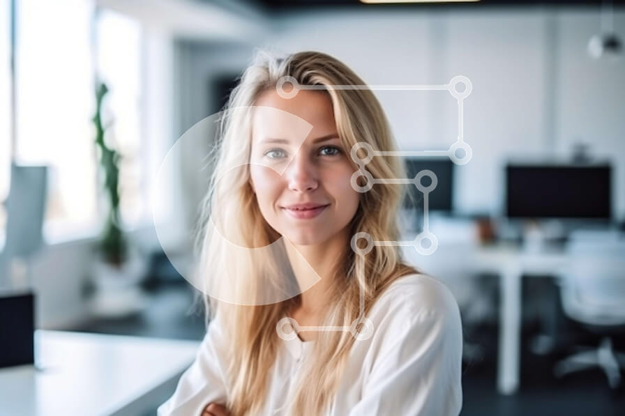 Intra Συλλεκτικό Ξύλινο Παζλ Plywood  4mm - Επαγγελματίας νεαρή γυναίκα με σταυρωμένα χέρια και ελαφρύ χαμόγελο στο γραφείο Σε Ξύλινο Κουτί - Διαστάσεις Puzzle: 10x10 cm – 25 κομμάτια