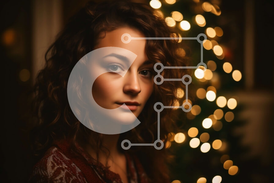 Intra Συλλεκτικό Ξύλινο Παζλ Plywood  4mm - Νεαρή γυναίκα με κόκκινο φόρεμα ποζάρει μπροστά από το στολισμένο χριστουγεννιάτικο δέντρο Σε Ξύλινο Κουτί - Διαστάσεις: 10x10 cm – 25 κομμάτια