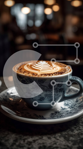 Intra Συλλεκτικό Ξύλινο Παζλ Plywood  4mm - Αφρώδης καπουτσίνο σε μπλε και άσπρο κεραμικό κύπελλο με σχέδιο φύλλων σε ξύλινο τραπέζι μπροστά από τη θέα της πόλης τη νύχτα Σε Ξύλινο Κουτί - Διαστάσεις: 10x10 cm – 25 κομμάτια