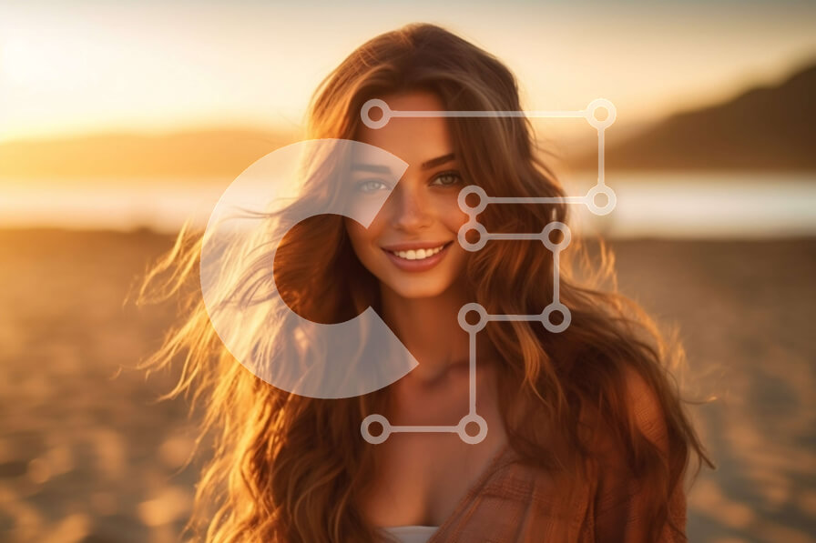 Intra Συλλεκτικό Ξύλινο Παζλ Plywood  4mm - Χαμογελαστή γυναίκα με μακριά καστανά μαλλιά στην παραλία στο ηλιοβασίλεμα Σε Ξύλινο Κουτί - Διαστάσεις Puzzle: 10x10 cm – 25 κομμάτια