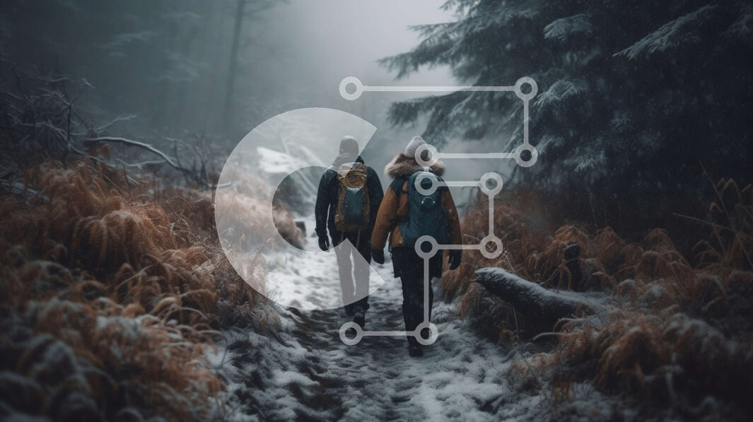 Intra Συλλεκτικό Ξύλινο Παζλ Plywood  4mm - Όμορφη εικόνα πεζοπόρους στο χιονισμένο δάσος μια ομιχλώδη ημέρα Σε Ξύλινο Κουτί - Διαστάσεις: 10x10 cm – 25 κομμάτια