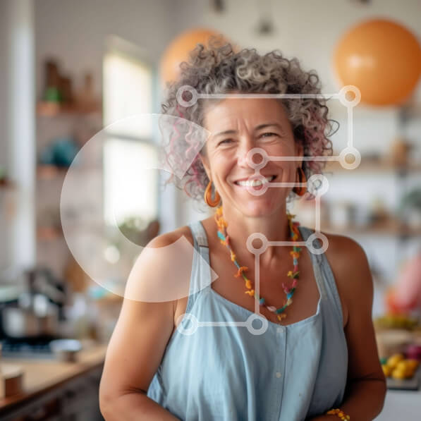 Intra Συλλεκτικό Ξύλινο Παζλ Plywood  4mm - Ευτυχισμένη γυναίκα με μπλε πουκάμισο που κρατά ένα μαχαίρι στην κουζίνα της Σε Ξύλινο Κουτί - Διαστάσεις Puzzle: 10x10 cm – 25 κομμάτια