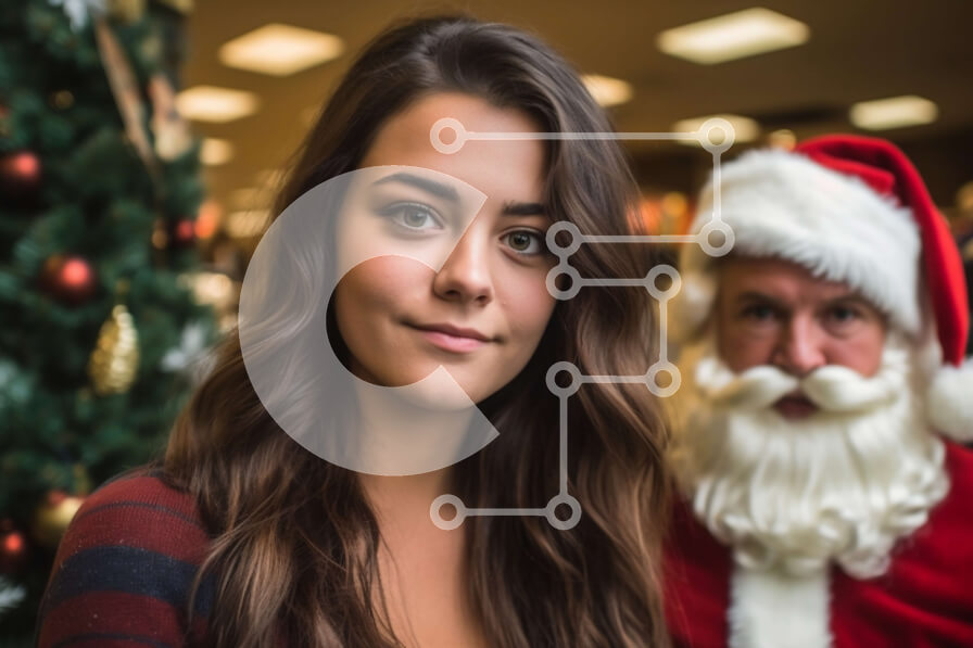 Intra Συλλεκτικό Ξύλινο Παζλ Plywood  4mm - Χαμογελαστή γυναίκα με κόκκινο πουλόβερ και τζιν με τον Άγιο Βασίλη και το χριστουγεννιάτικο δέντρο Σε Ξύλινο Κουτί - Διαστάσεις: 10x10 cm – 25 κομμάτια