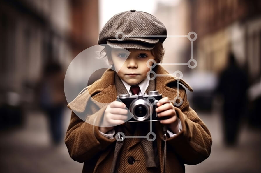 Intra Συλλεκτικό Ξύλινο Παζλ Plywood  4mm - Πορτρέτο ενός αγοριού με vintage κάμερα και κομψή στολή Σε Ξύλινο Κουτί - Διαστάσεις Puzzle: 10x10 cm – 25 κομμάτια