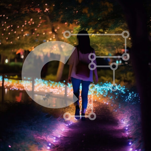 Intra Συλλεκτικό Ξύλινο Παζλ Plywood  4mm - Όμορφη εικόνα γυναίκας που περπατά σε ένα πολύχρωμο μονοπάτι τη νύχτα Σε Ξύλινο Κουτί - Διαστάσεις Puzzle: 10x10 cm – 25 κομμάτια