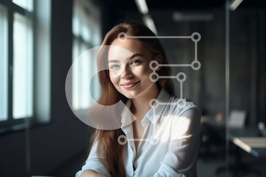 Intra Συλλεκτικό Ξύλινο Παζλ Plywood  4mm - Φιλική νεαρή γυναίκα στο γραφείο με θέα στον ορίζοντα της πόλης Σε Ξύλινο Κουτί - Διαστάσεις Puzzle: 10x10 cm – 25 κομμάτια