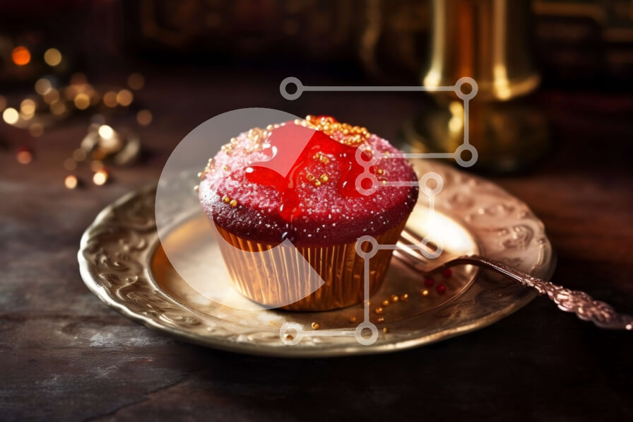 Σετ των 2 Intra Συλλεκτικό Ξύλινο Παζλ Plywood  4mm - Λαχταριστό Κόκκινο Βελούδινο Cupcake με χρυσό ψεκασμό σε χρυσό πιάτο Σε Ξύλινο Κουτί - Διαστάσεις: 10x10 cm – 25 κομμάτια