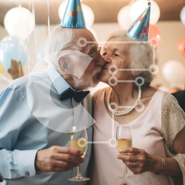 Intra Συλλεκτικό Ξύλινο Παζλ Plywood  4mm - Ηλικιωμένο ζευγάρι που γιορτάζει γενέθλια με σαμπάνια στο πάρτι Σε Ξύλινο Κουτί - Διαστάσεις Puzzle: 10x10 cm – 25 κομμάτια