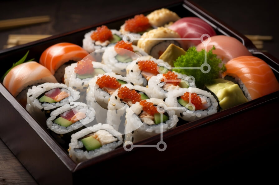 Σετ των 2 Intra Συλλεκτικό Ξύλινο Παζλ Plywood  4mm - Νόστιμο ποικίλο κουτί σούσι με σάλτσα σόγιας και ξυλάκια Σε Ξύλινο Κουτί - Διαστάσεις: 10x10 cm – 25 κομμάτια