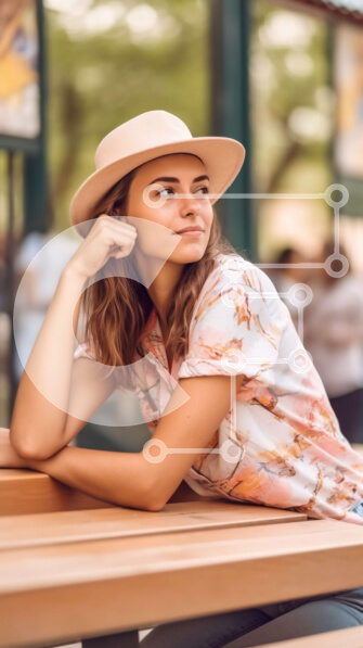 Intra Συλλεκτικό Ξύλινο Παζλ Plywood  4mm - Νεαρή γυναίκα με λουλουδάτο πουκάμισο και ψάθινο καπέλο που κάθεται στον πάγκο σε εξωτερικούς χώρους Σε Ξύλινο Κουτί - Διαστάσεις Puzzle: 10x10 cm – 25 κομμάτια