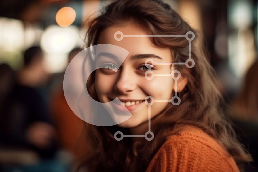 Intra Συλλεκτικό Ξύλινο Παζλ Plywood  4mm - Πορτρέτο μιας ευτυχισμένης νεαρής γυναίκας με πορτοκαλί πουλόβερ σε ένα εστιατόριο ή ένα καφέ Σε Ξύλινο Κουτί - Διαστάσεις Puzzle: 10x10 cm – 25 κομμάτια