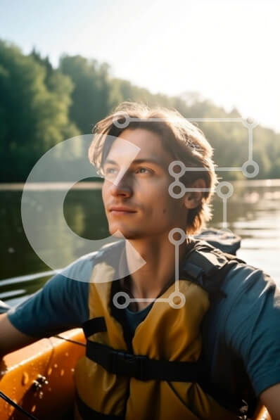 Intra Συλλεκτικό Ξύλινο Παζλ Plywood  4mm - Νεαρός άνδρας που κάνει καγιάκ σε ένα ήρεμο ποτάμι που περιβάλλεται από καταπράσινα δέντρα και καθαρό μπλε ουρανό Σε Ξύλινο Κουτί - Διαστάσεις Puzzle: 10x10 cm – 25 κομμάτια