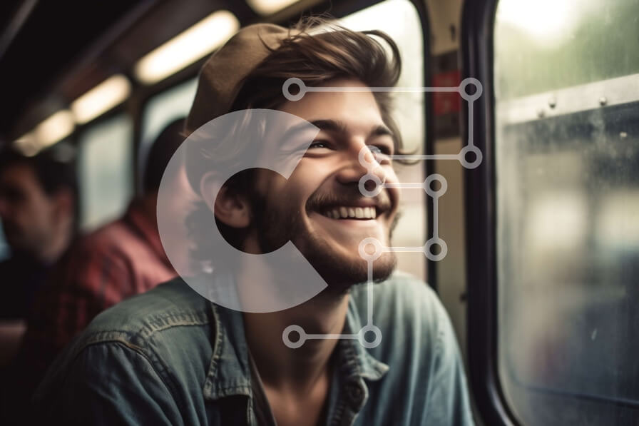 Intra Συλλεκτικό Ξύλινο Παζλ Plywood  4mm - Ευτυχισμένος νεαρός άνδρας που απολαμβάνει τη βόλτα με το τρένο με το χαμόγελο στα πρόσωπά του Σε Ξύλινο Κουτί - Διαστάσεις Puzzle: 10x10 cm – 25 κομμάτια