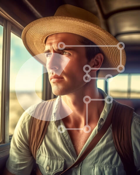 Intra Συλλεκτικό Ξύλινο Παζλ Plywood  4mm - Άνδρας με ψάθινο καπέλο και γιλέκο κοιτάζοντας το τοπίο της ερήμου Σε Ξύλινο Κουτί - Διαστάσεις Puzzle: 10x10 cm – 25 κομμάτια