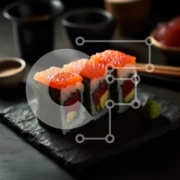 Σετ των 2 Intra Συλλεκτικό Ξύλινο Παζλ Plywood  4mm - Νόστιμο ρολό σούσι με αβοκάντο, σολομό και αγγούρι σε κομψό μαύρο πιάτο Σε Ξύλινο Κουτί - Διαστάσεις: 10x10 cm – 25 κομμάτια