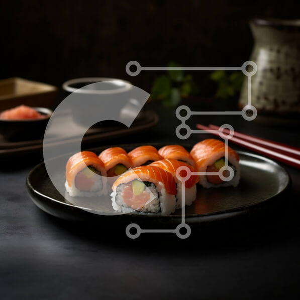 Σετ των 2 Intra Συλλεκτικό Ξύλινο Παζλ Plywood  4mm - Νόστιμο σούσι με ρολά σολομού και αβοκάντο σε μαύρο πιάτο Σε Ξύλινο Κουτί - Διαστάσεις: 10x10 cm – 25 κομμάτια