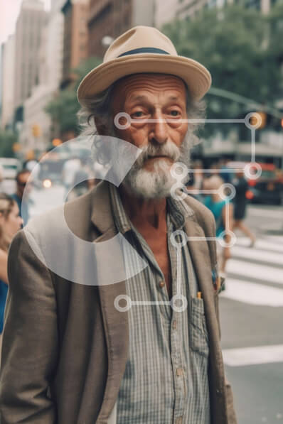 Intra Συλλεκτικό Ξύλινο Παζλ Plywood  4mm - Ηλικιωμένος άνδρας που στέκεται στην οδό της πόλης με τα ψηλά κτίρια στο παρασκήνιο Σε Ξύλινο Κουτί - Διαστάσεις Puzzle: 10x10 cm – 25 κομμάτια