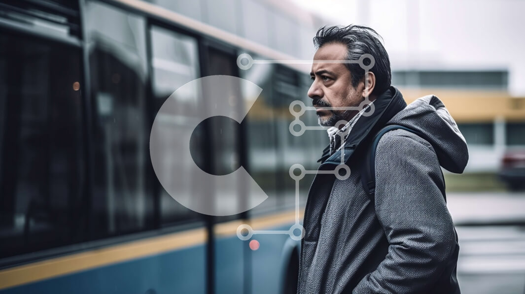 Intra Συλλεκτικό Ξύλινο Παζλ Plywood  4mm - Άνδρας με γκρι παλτό και καπέλο περιμένει στη στάση του αστικού λεωφορείου με μπλε λεωφορείο στο φόντο Σε Ξύλινο Κουτί - Διαστάσεις Puzzle: 10x10 cm – 25 κομμάτια