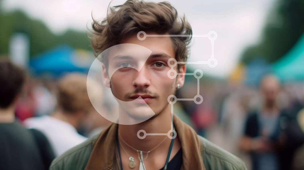 Intra Συλλεκτικό Ξύλινο Παζλ Plywood  4mm - Σοβαρός νεαρός άνδρας με πράσινο σακάκι στέκεται στη μέση ενός πολυσύχναστου δρόμου Σε Ξύλινο Κουτί - Διαστάσεις Puzzle: 10x10 cm – 25 κομμάτια