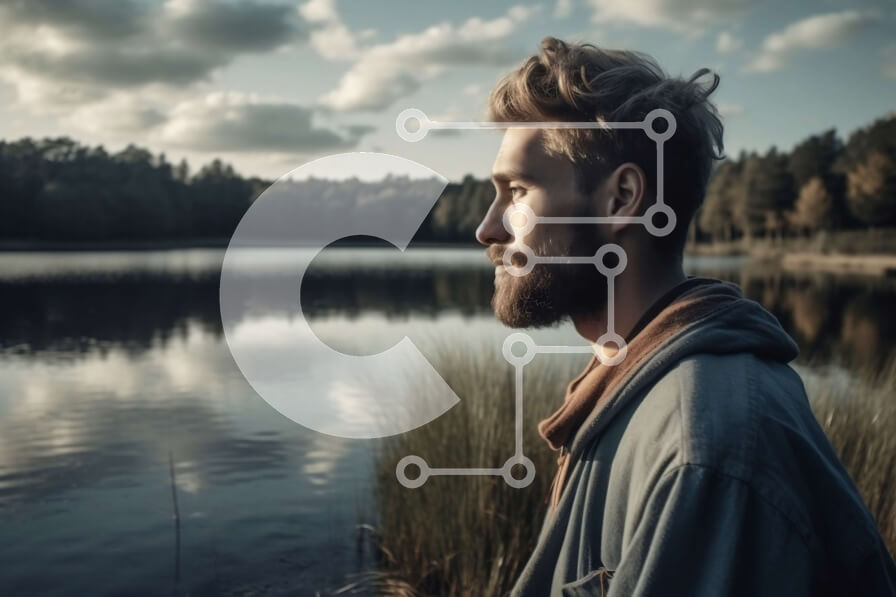 Intra Συλλεκτικό Ξύλινο Παζλ Plywood  4mm - Άνδρας που στέκεται δίπλα σε μια λίμνη με γένια και κουκούλα Σε Ξύλινο Κουτί - Διαστάσεις Puzzle: 10x10 cm – 25 κομμάτια