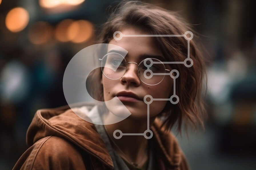 Intra Συλλεκτικό Ξύλινο Παζλ Plywood  4mm - Στοχαστική νεαρή γυναίκα που στέκεται στην οδό της πόλης στο σούρουπο Σε Ξύλινο Κουτί - Διαστάσεις Puzzle: 10x10 cm – 25 κομμάτια