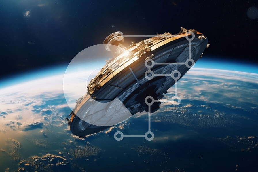 Intra Συλλεκτικό Ξύλινο Παζλ Plywood  4mm - Κομψό και φουτουριστικό διαστημόπλοιο που επιπλέει πάνω από έναν μπλε πλανήτη στο διάστημα Σε Ξύλινο Κουτί - Διαστάσεις Puzzle: 10x10 cm – 25 κομμάτια