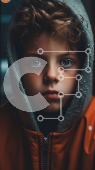 Intra Συλλεκτικό Ξύλινο Παζλ Plywood  4mm - Πορτρέτο ενός νεαρού αγοριού με πορτοκαλί κουκούλα με μπλε μάτια Σε Ξύλινο Κουτί - Διαστάσεις Puzzle: 10x10 cm – 25 κομμάτια