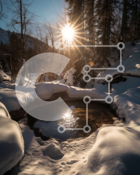 Intra Συλλεκτικό Ξύλινο Παζλ Plywood  4mm - Όμορφη εικόνα της θερμής πηγής στο χιονισμένο δάσος Σε Ξύλινο Κουτί - Διαστάσεις: 10x10 cm – 25 κομμάτια